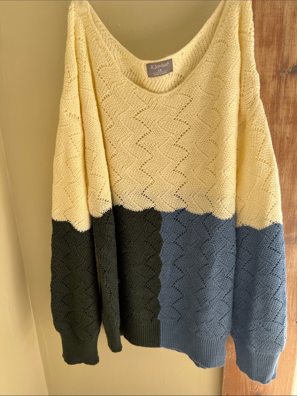 K Jordan Tri-Tone Knit Sweater in Cream, Gray & Blue